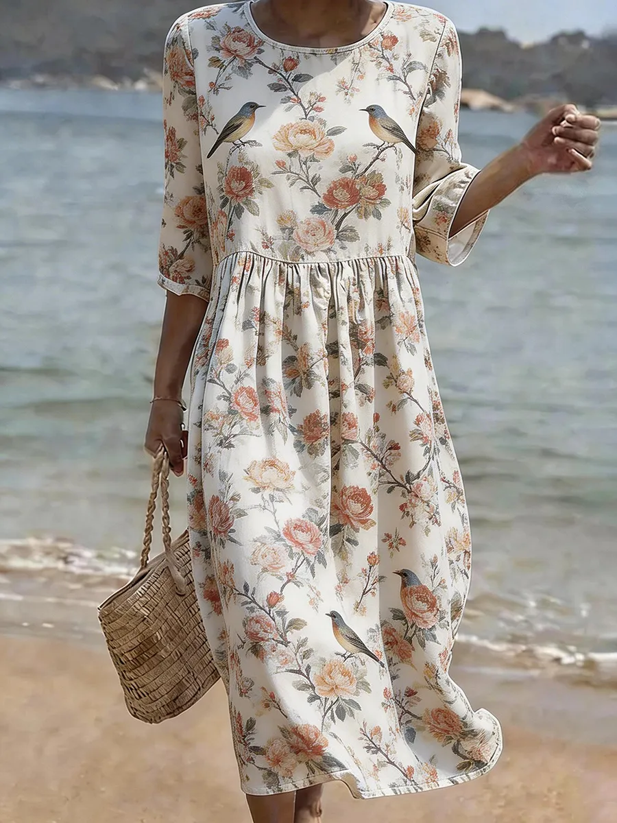 Women's Casual Vacation Flower Round Neck Half Sleeved Dress
