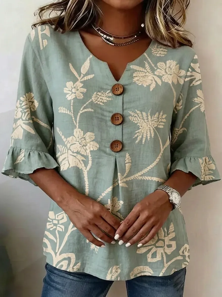 Women's Nashville Floral Botanical Printed Button-Down Top