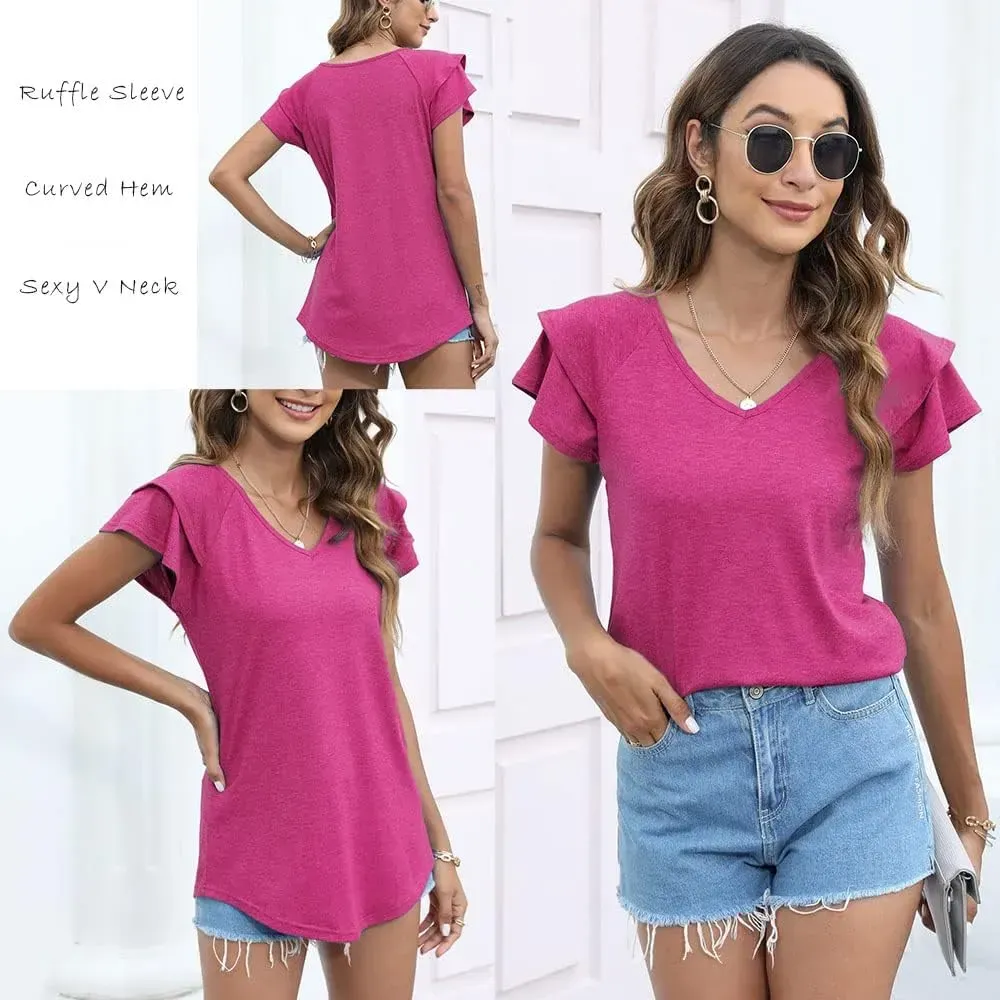T&Twenties Womens Summer Tops Ruffle Short Sleeve Tunic Tops V Neck Loose Fit Flowy T-Shirts