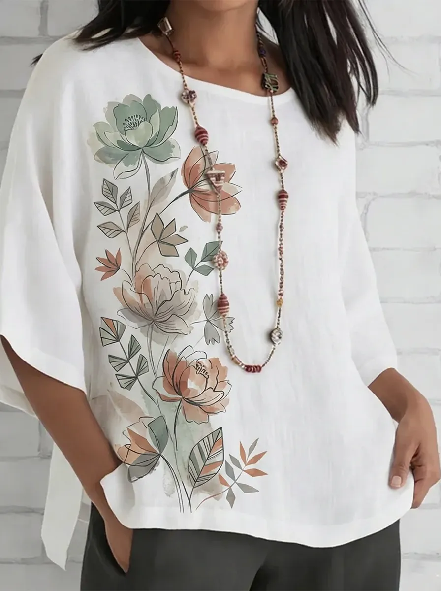 Women's Nashville Botanical Floral Printed Linen Blend Top