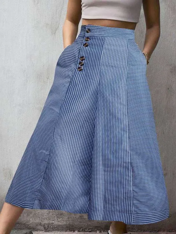 Women's Pants Striped Button Pocket Wide-Leg Pants