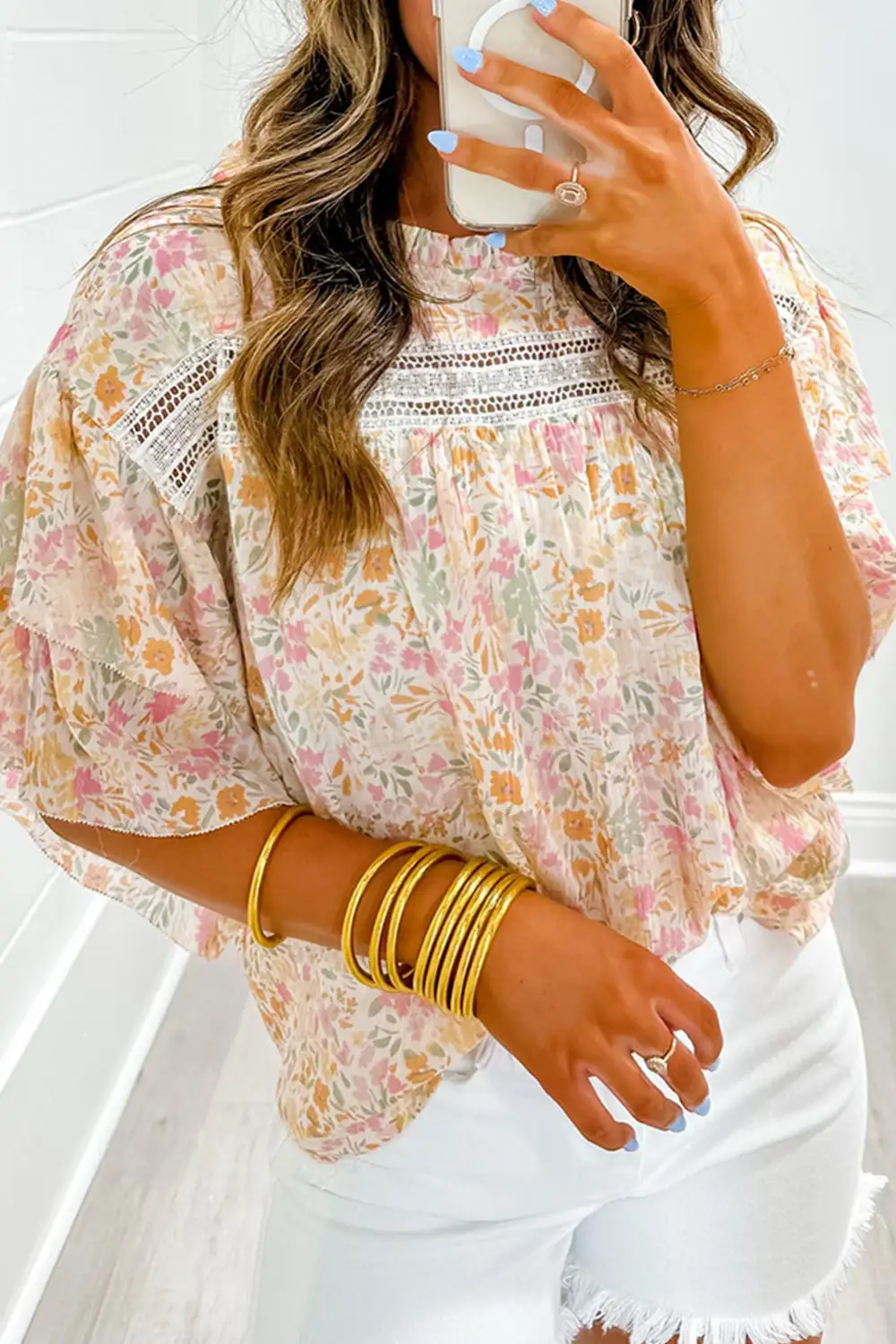 Easygoing Floral Lace Trim Ruffled Blouse