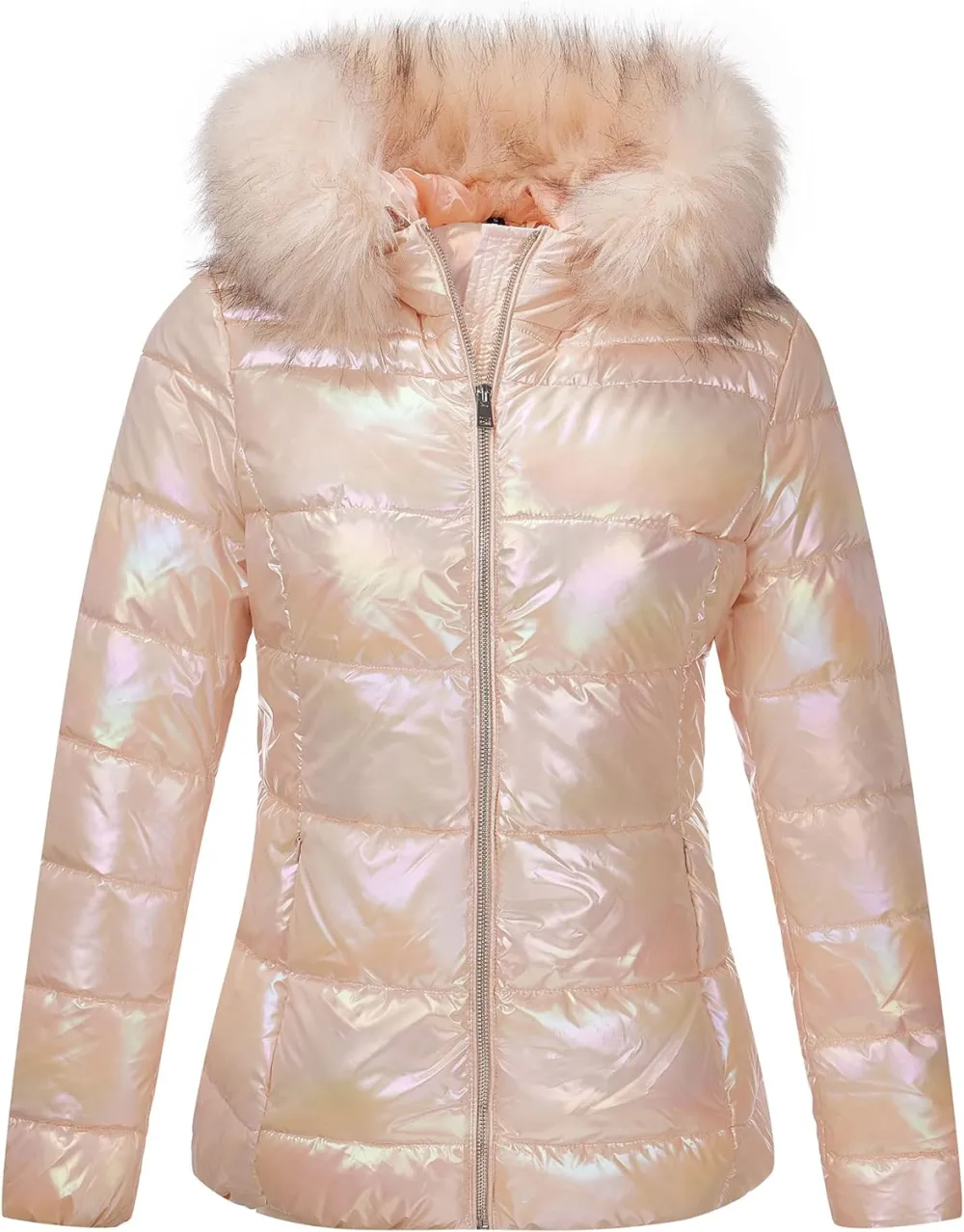 Womens Lightweight Puffer Jacket, Winter Coats for Women Warm Quilted Bubble Padded Hood Coat with Faux Fur Collar
