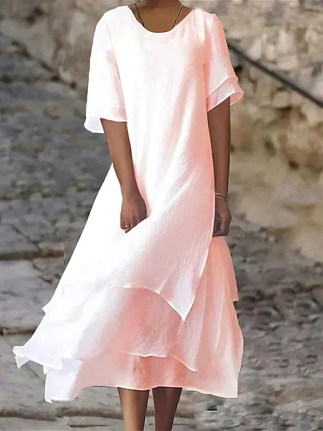 Women's Casual Dress Cotton Linen Dress White Cotton Dress Midi Dress Layered Basic Daily Crew Neck Half Sleeve Summer Spring White Yellow Plain