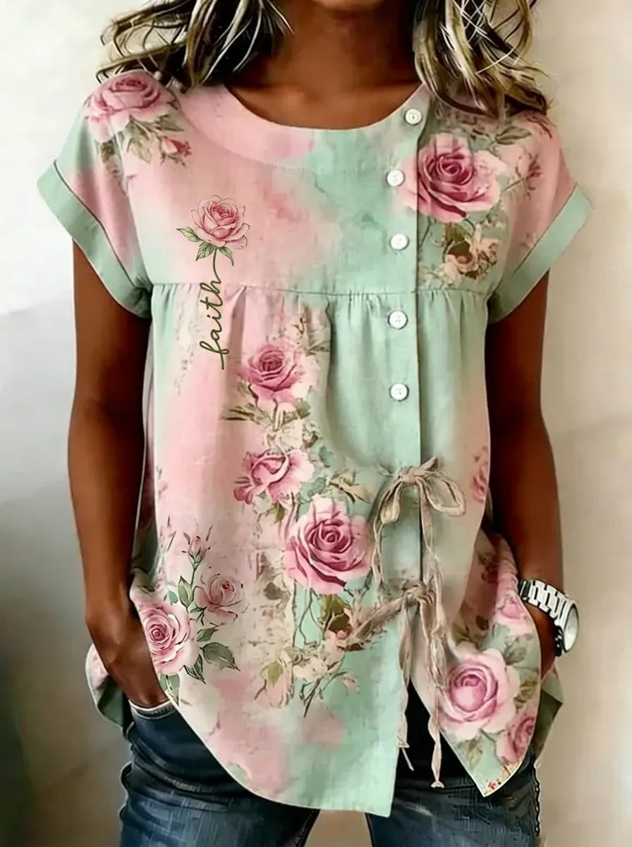 Women's Nashville Faith Floral Rose Printed Button-up Top
