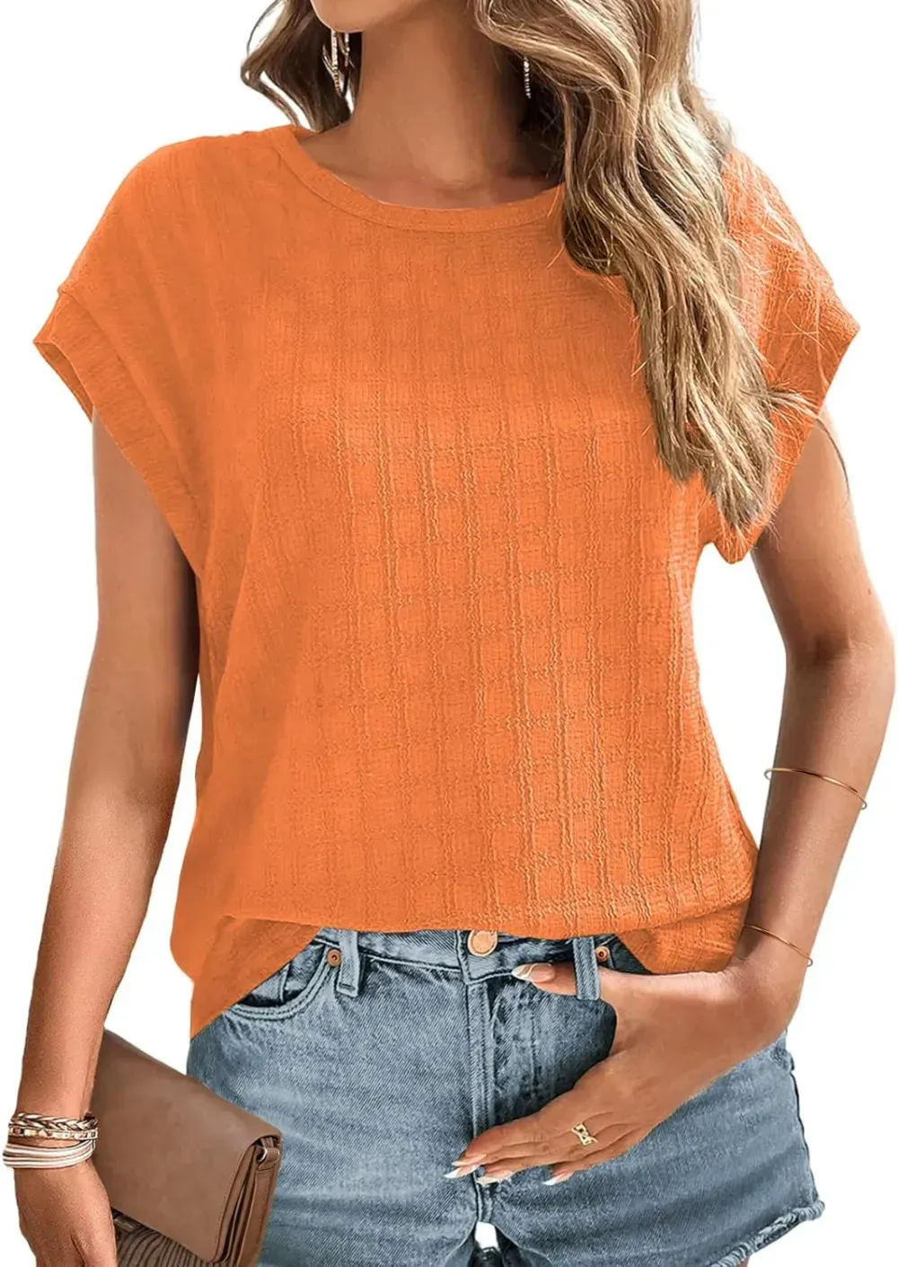 Dokotoo Tops for Women Trendy Summer Casual Cap Short Sleeve Basic Textured Solid Color Round Neck T Shirts Blouse