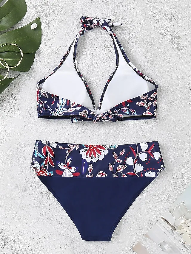 Women's Swimwear Bikini 2 Piece Normal Swimsuit Halter 2 Piece Open Back Sexy Floral White Blue Dusty Blue Green Halter V Wire Bathing Suits Sexy Vacation Beach Wear