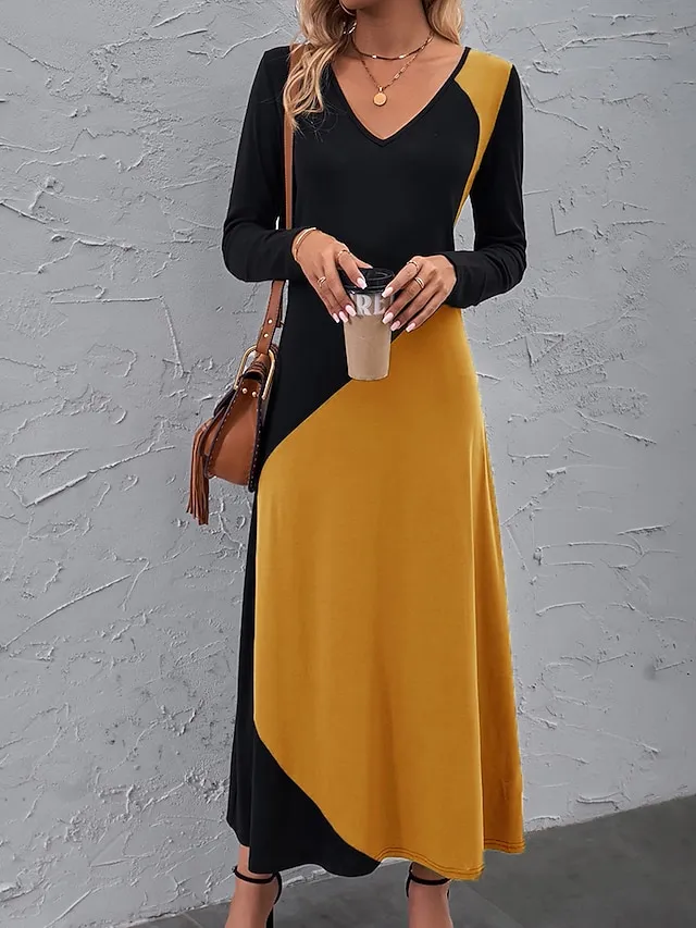 Women's T Shirt Dress Tee Dress A Line Dress Geometric Color Block Print Pocket Lace Up Neck Long Dress Maxi Dress Fashion Streetwear Outdoor Daily Long Sleeve Regular Fit Black Yellow Pink Spring