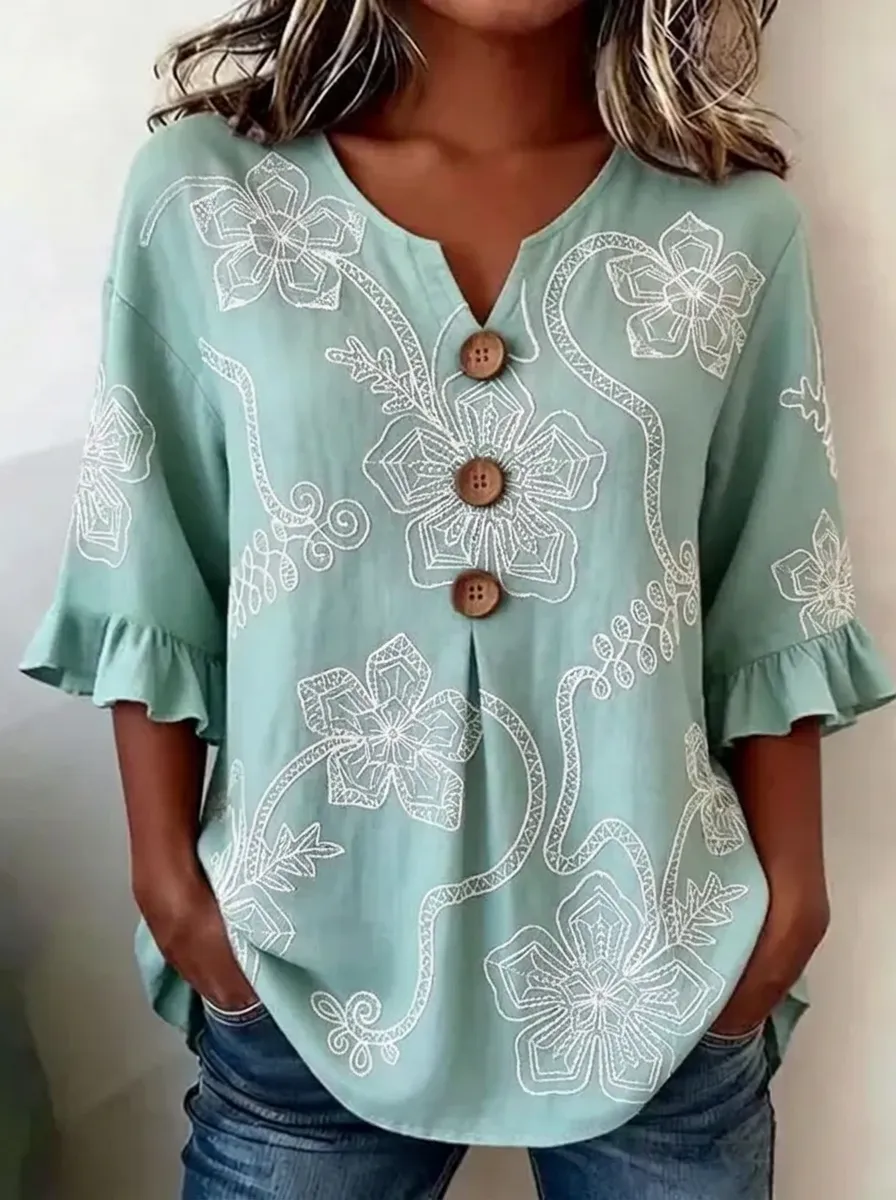 Women's Nashville Floral Embroidery Printed V-neck Button Top