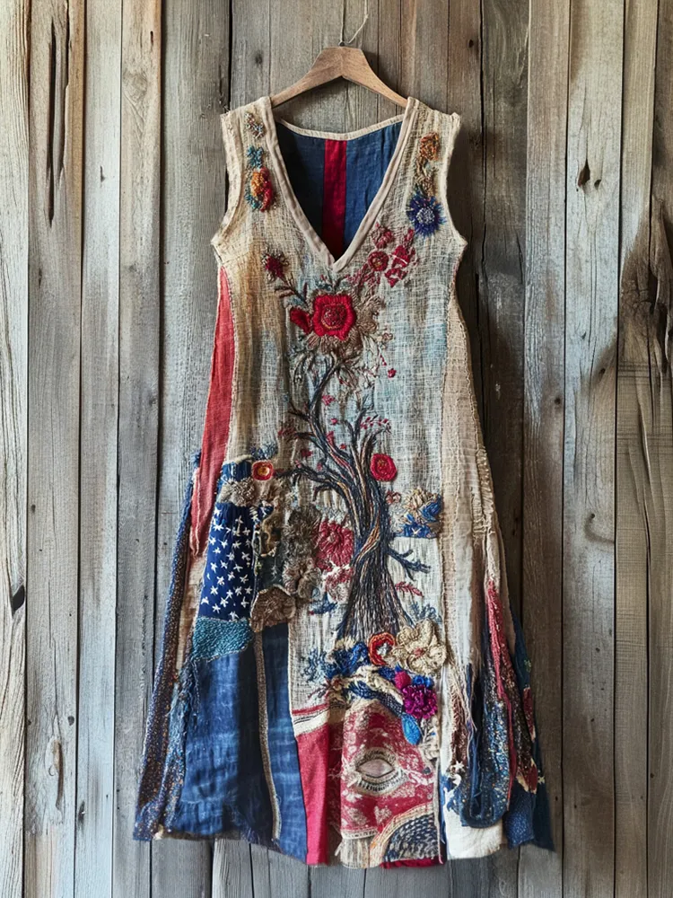 Women's Vintage Independence Day Flawer Embroidered V-neck Tank Midi Dress