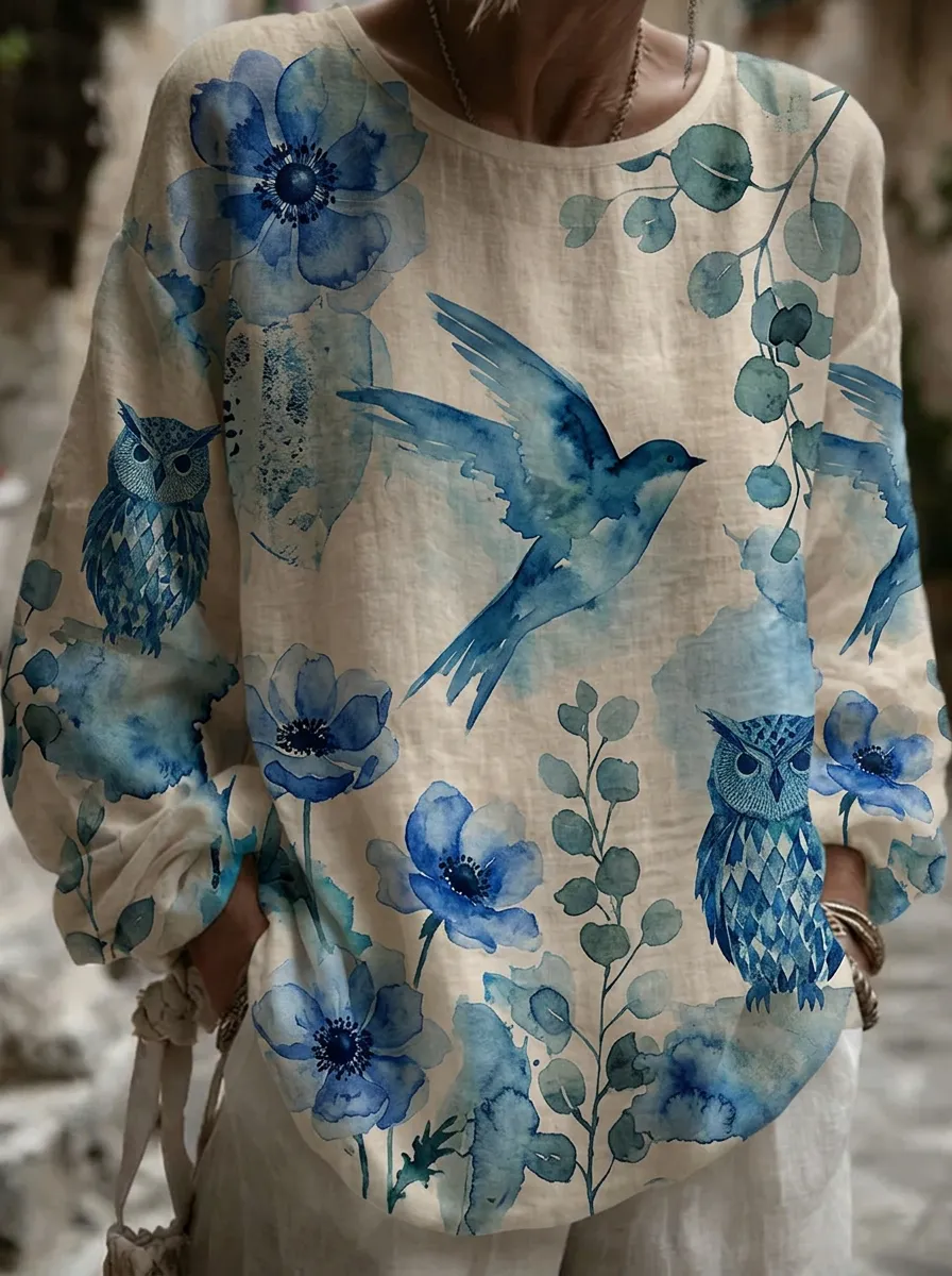 Women's Nashville Nature Owl Bird Floral Printed Long Sleeve Top
