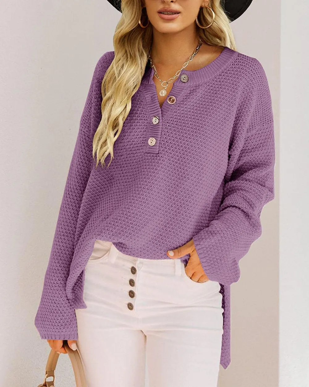Women's Oversized Sweaters Batwing Long Sleeve Loose V Neck Button Henley Tops Pullover Knit Jumper