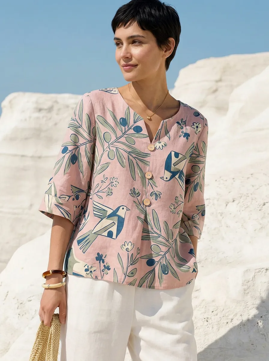 Women's Nashville Nature Bird Olive Branch Printed V-Neck Top