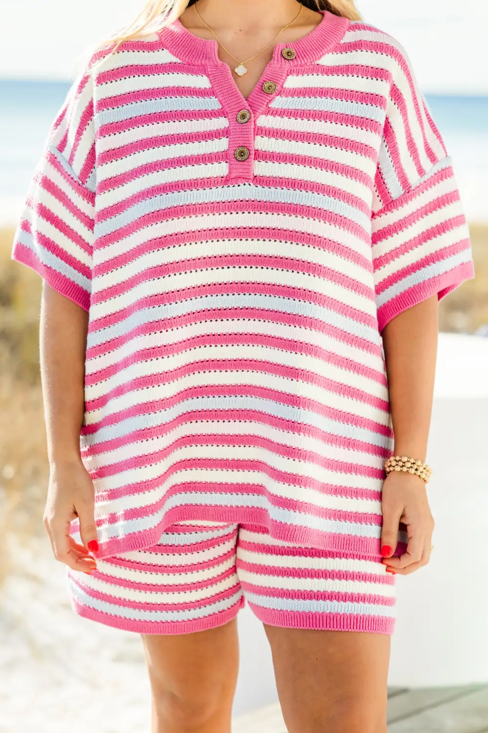 Off In Paradise Sweater Set, Pink Stripe