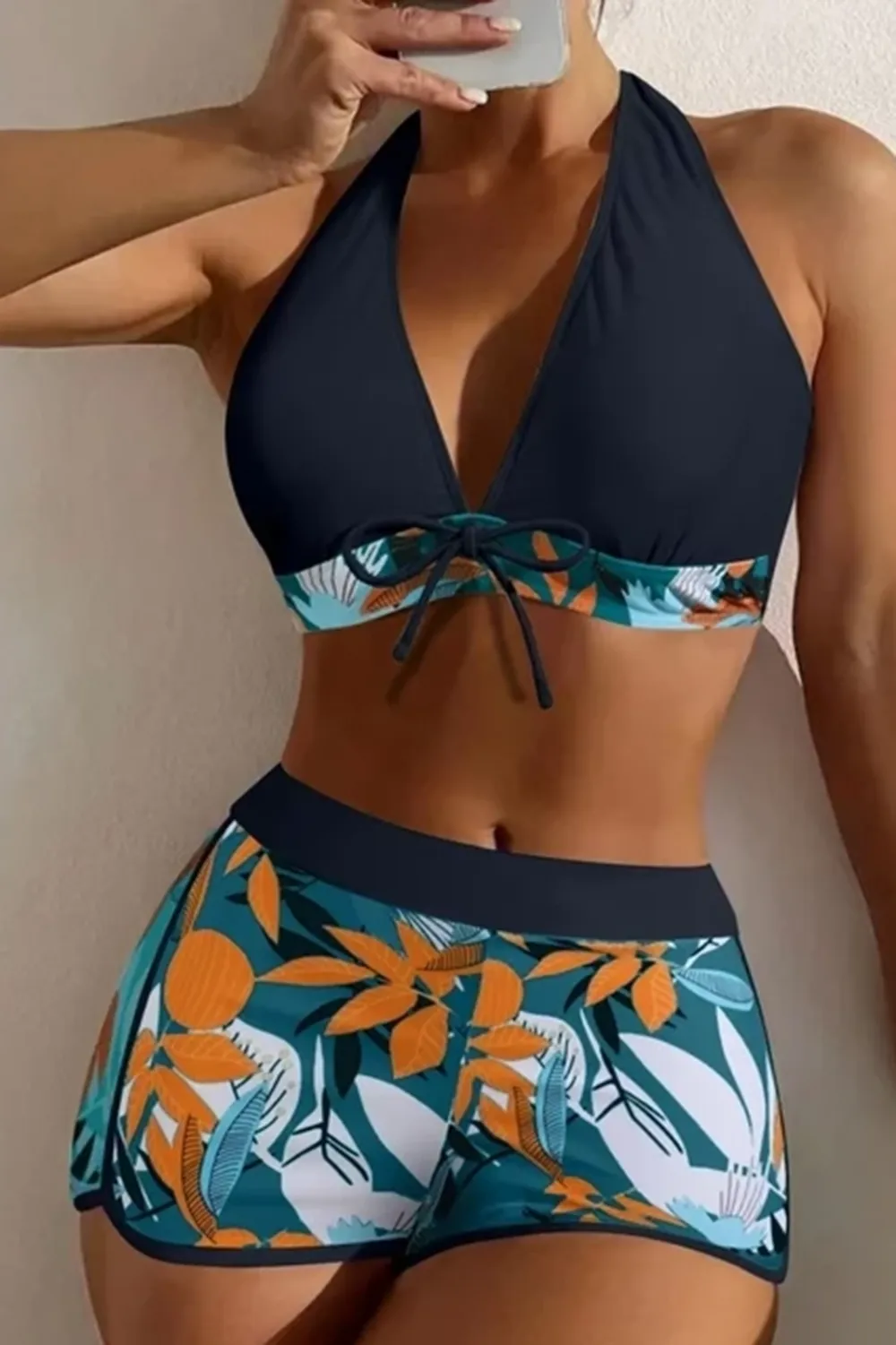 Sexy padded printed high-waisted patchwork swim trunks set