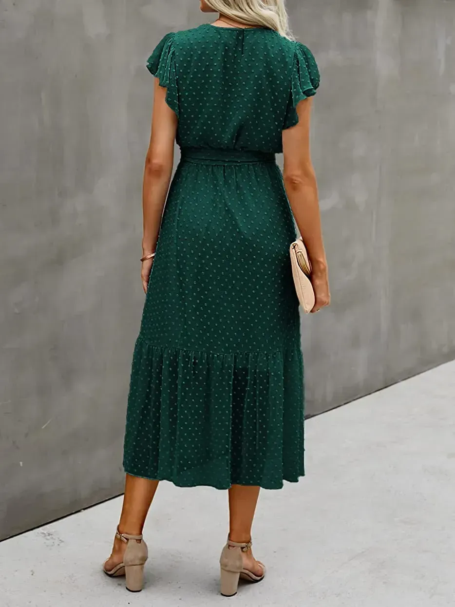 Women Summer Bohemian Floral Casual Wrap V Neck Ruffle Cap Sleeveless Belt A-Line Pleated Hem Swing Midi Sun Dress