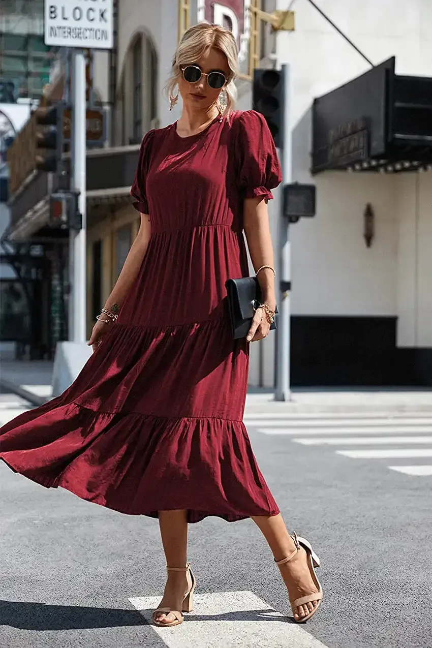 Floral Print Ruffle Puff Sleeve High Waist Midi Dresses