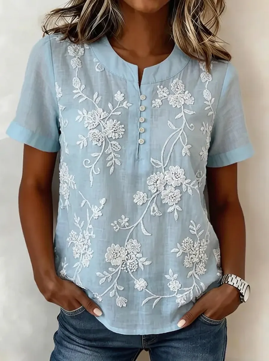 Women's Nashville Floral Embroidered Button-Down Linen Shirt
