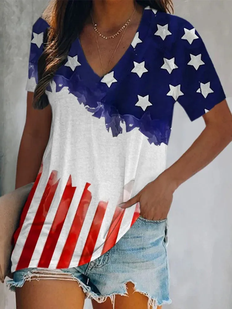 Women's Independence Day Printed Casual V Neck T-Shirt