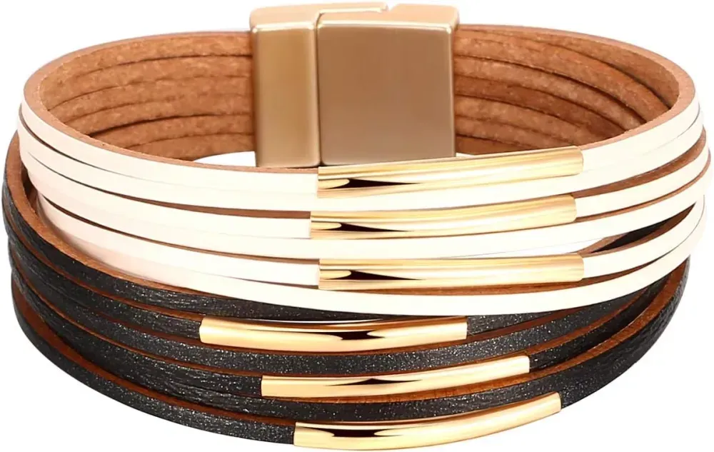 Fesciory Leather Wrap Bracelets for Women, Boho Leopard Multi-Layer Crystal Beads Cuff Bracelet Jewelry