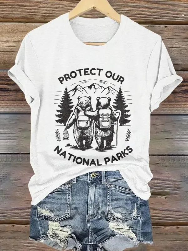 Women'S T-Shirt Vintage Protect Our National Park Printed T-Shirt Pure Cotton Crew-Neck Short Sleeve