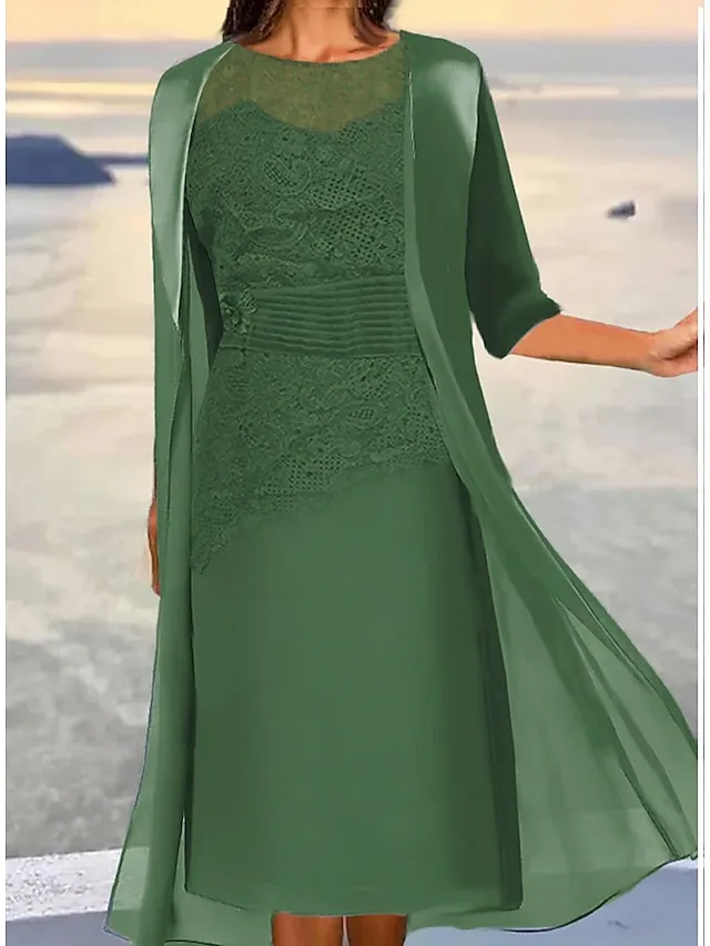 Women's Lace Dress Dress Set Wedding Guest Dress Midi Dress Dusty Blue Green 3/4 Length Sleeve Pure Color Lace up Summer Spring Fall Crew Neck Elegant Party Wedding Guest 2023 S M L XL 2XL 3XL