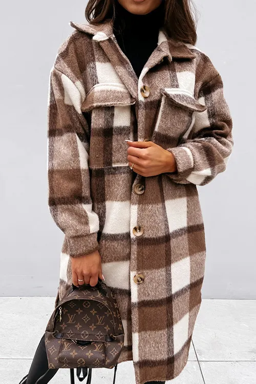 Shirt Collar Button Closure Plaid Coat