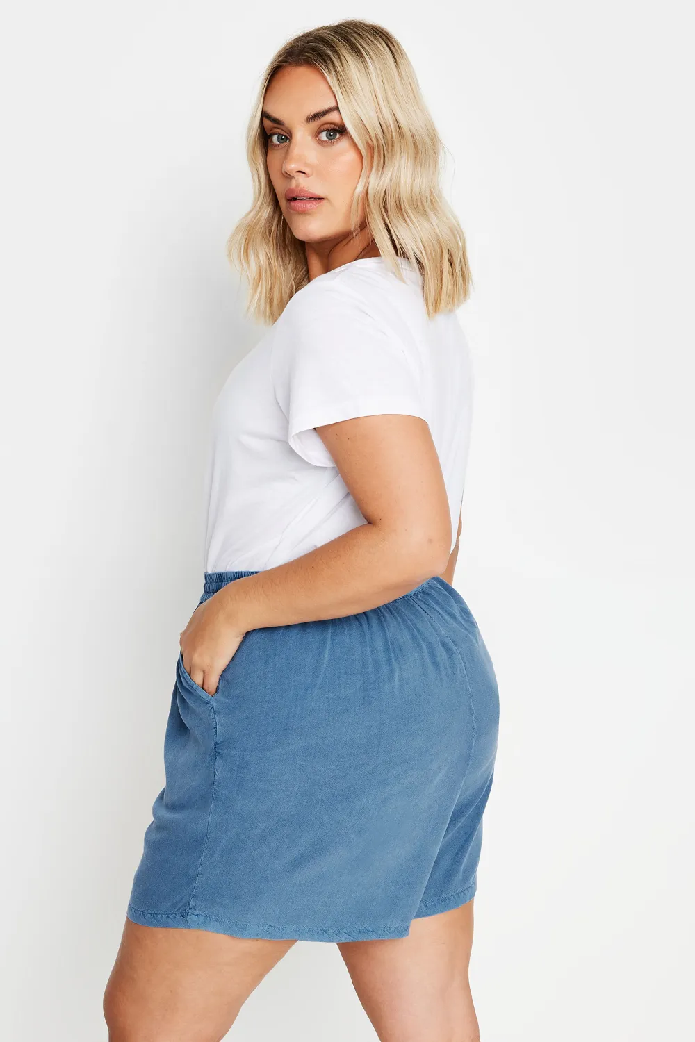 YOURS Curve Blue Acid Wash Chambray Shorts