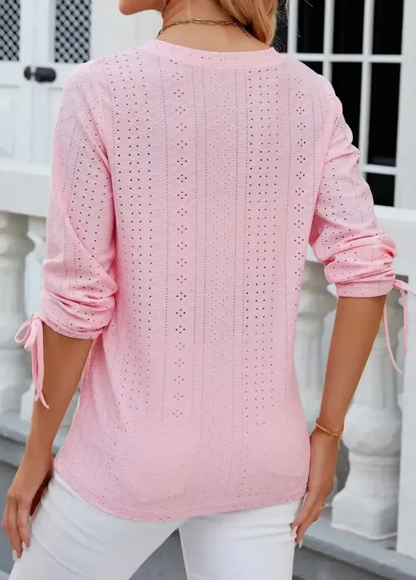 Pink Button Long Sleeve V Neck T Shirt