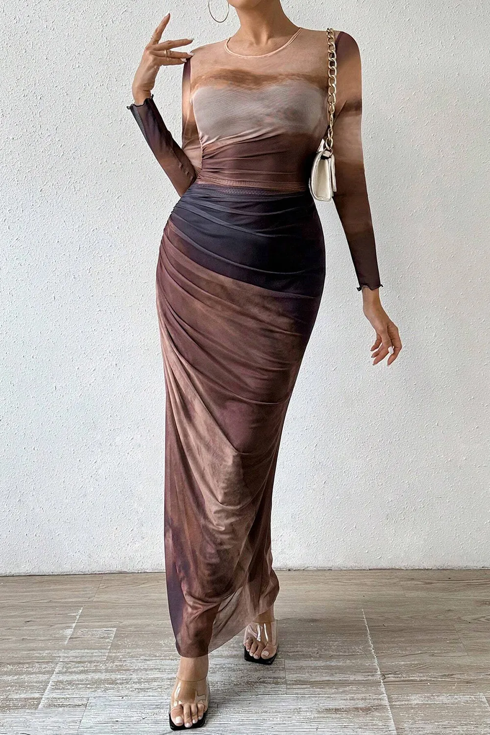 Women's Tie Dye Long Sleeve Pleated Dress Multicolor