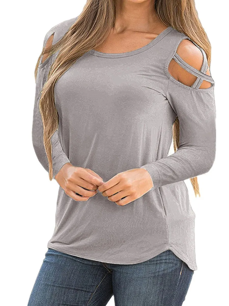Solid Color Round Neck Strapless Long Sleeve T-Shirt