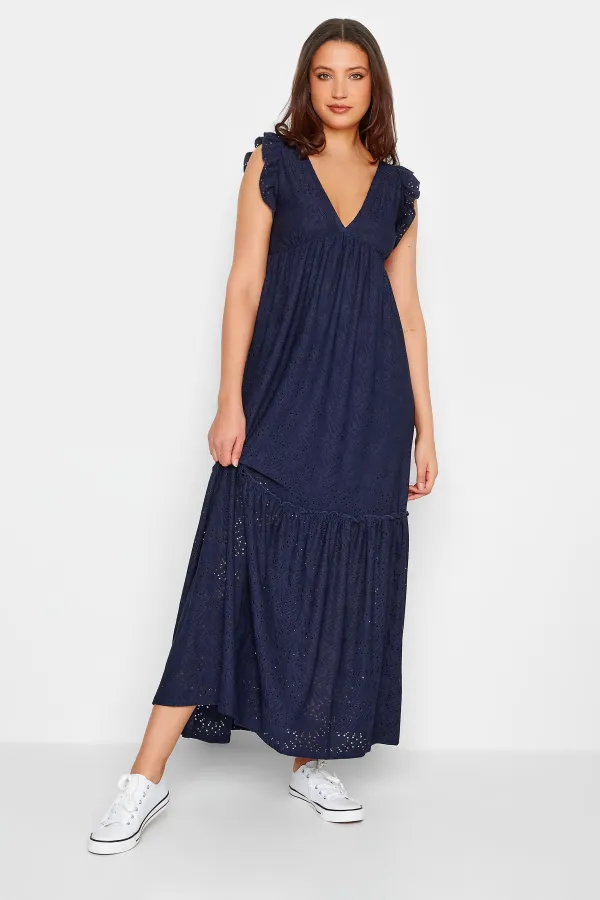 LTS Tall Navy Blue Broderie Anglaise Frill Maxi Dress