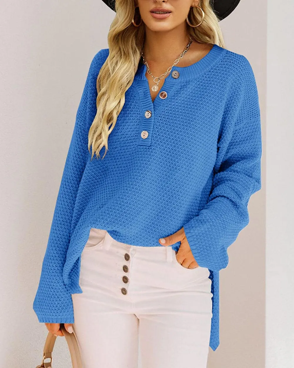 Women's Oversized Sweaters Batwing Long Sleeve Loose V Neck Button Henley Tops Pullover Knit Jumper