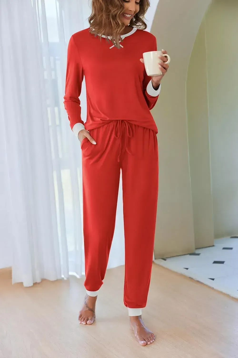 Women's Pajamas Sets Long Sleeve with Plaid Pants Soft Sleepwear O Neck 2 Piece Pjs Joggers Loung Set with Pockets