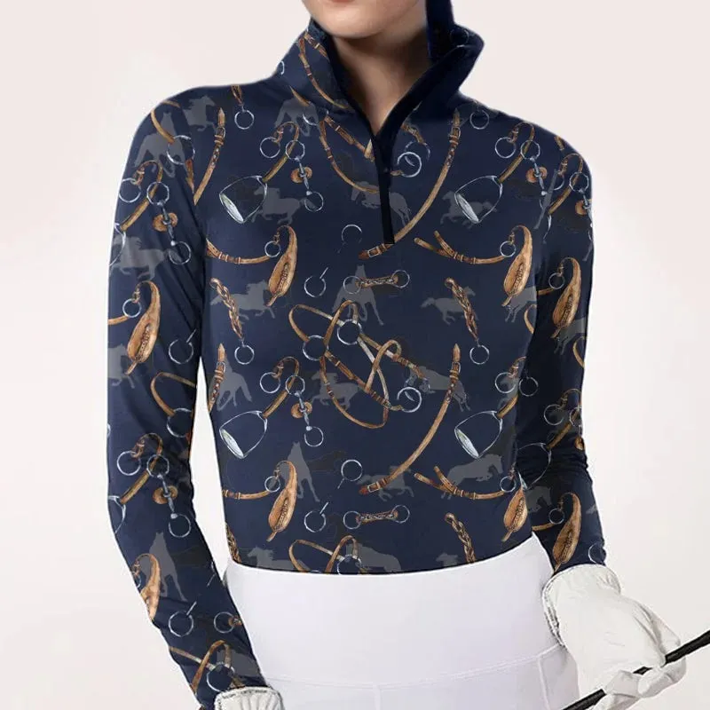 Horseshoes Women's Equestrian Style Harness Print Long Sleeve Casual Shirt