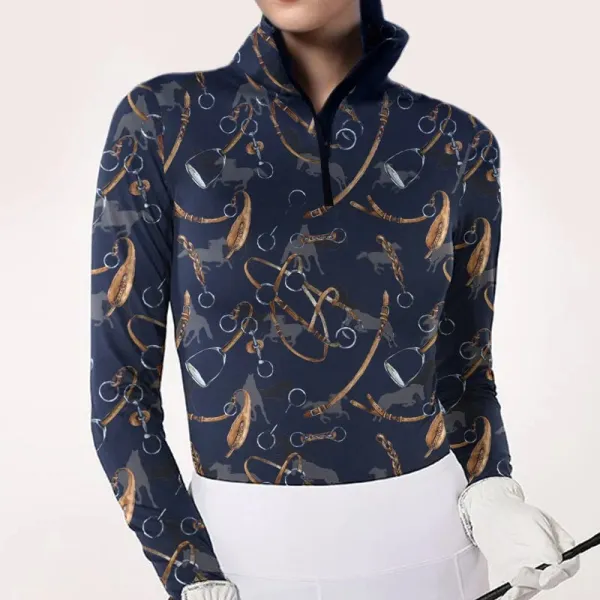 Horseshoes Women's Equestrian Style Harness Print Long Sleeve Casual Shirt