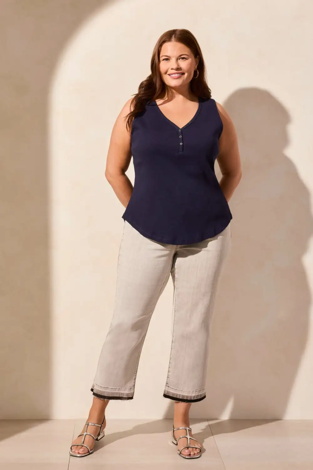 Solid Cotton Henley Tank Top-Nautical