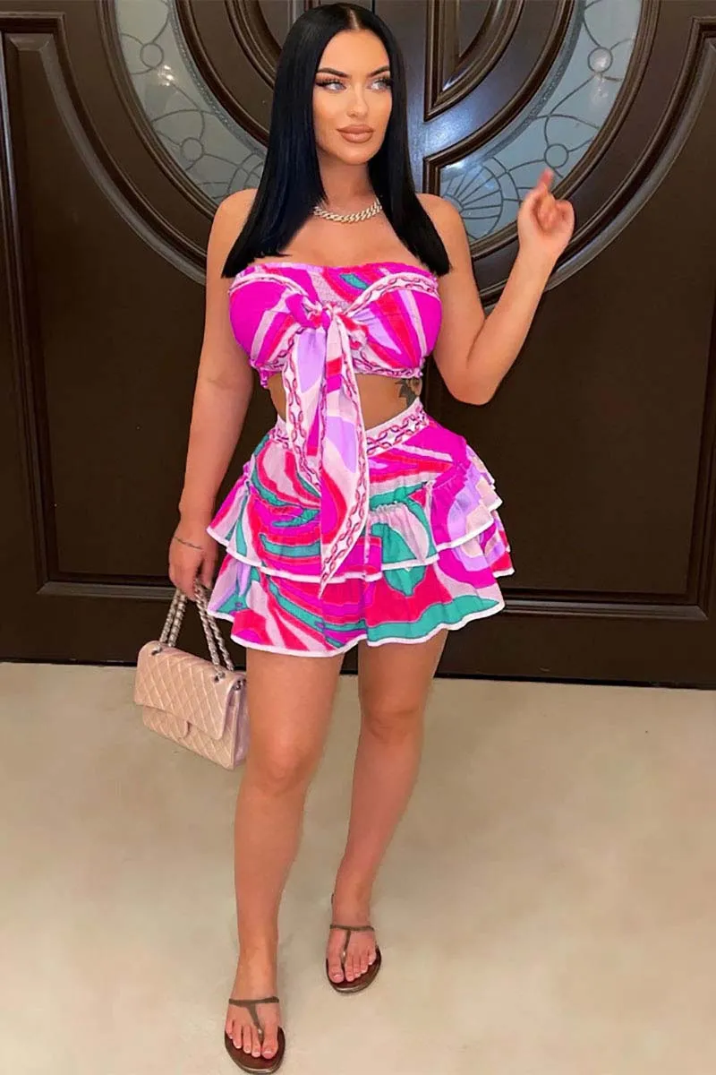 Graphic Print Strapless Crop Top Layered Ruffled Vacation Mini Skirt Matching Set