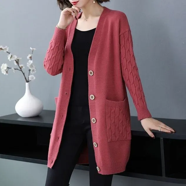 Plain Long Sleeve Casual Buckle Pockets Cardigan
