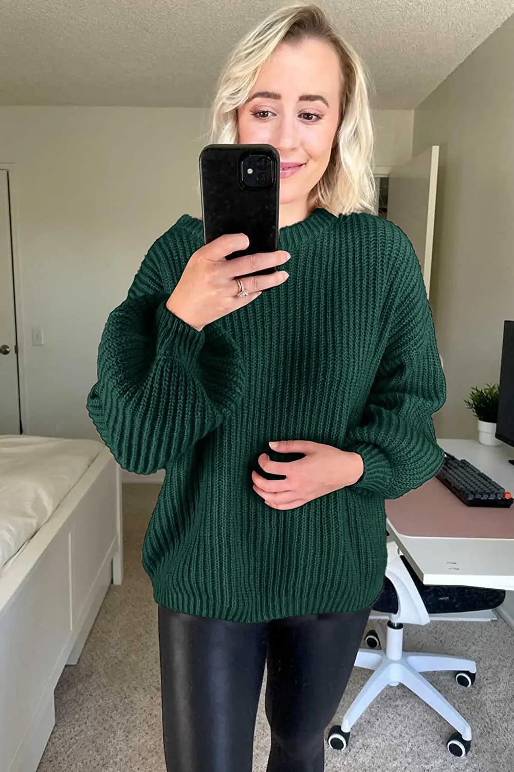 Women's Crew Neck Loose Drop Shoulder Lantern Sleeve Casual Solid Color Knit Pullover Sweater