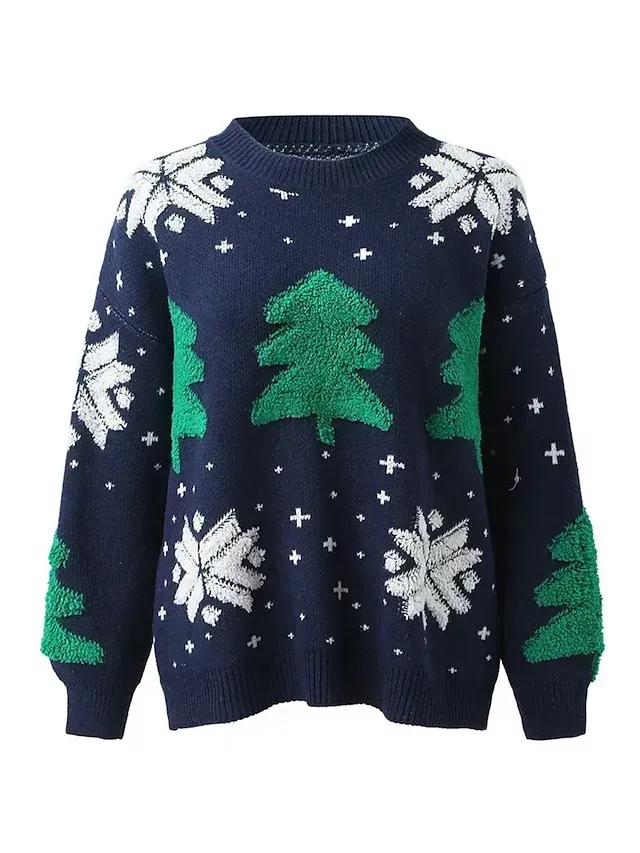 Women's Ugly Christmas Sweater Pullover Sweater Jumper Crew Neck Ribbed Knit Polyester Patchwork Fall Winter Regular Outdoor Xmas Daily Stylish Casual Soft Long Sleeve Elk Striped Snowflake