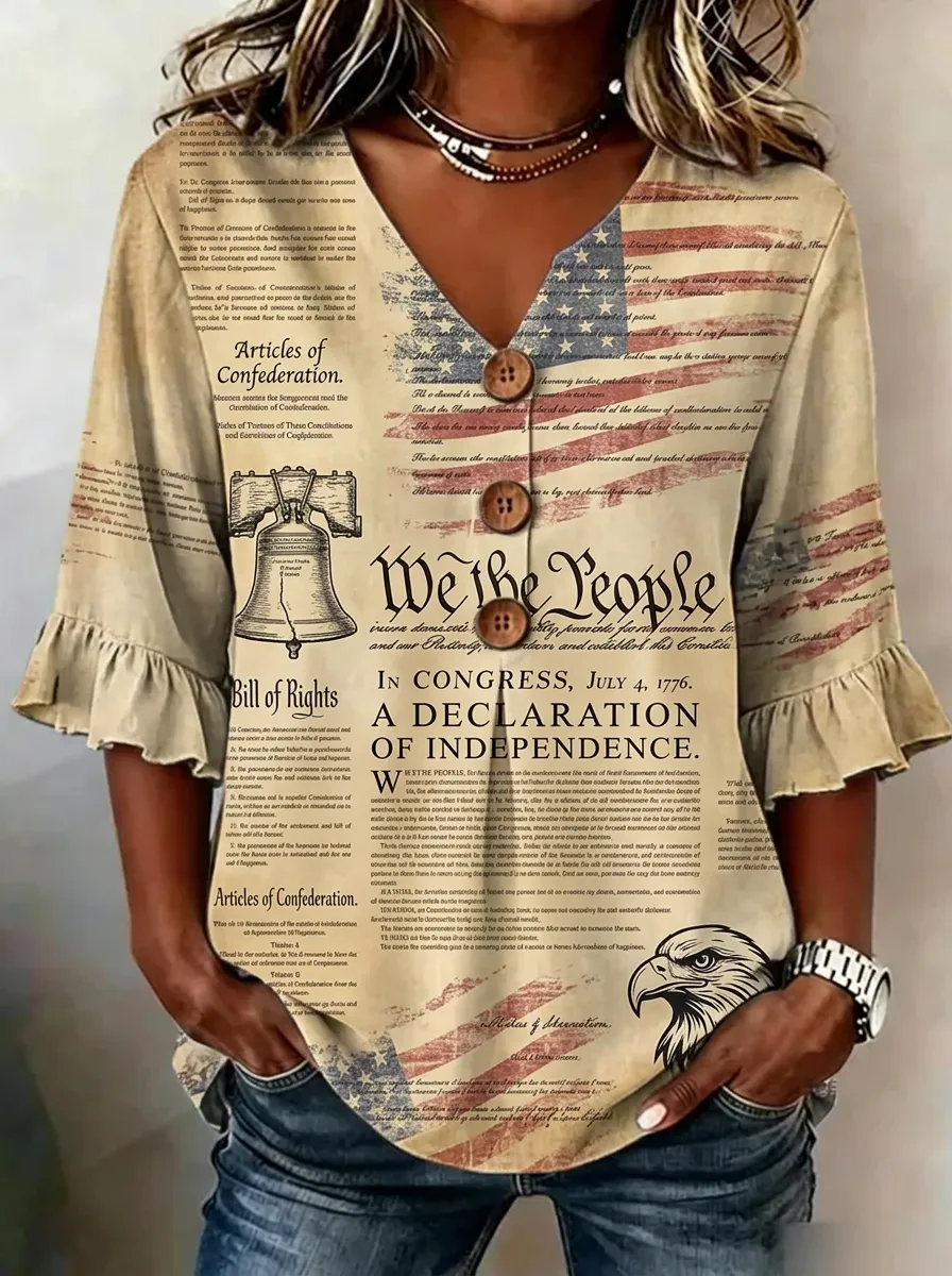 Women's Patriotic USA Flag Declaration Printed V-neck Button Top