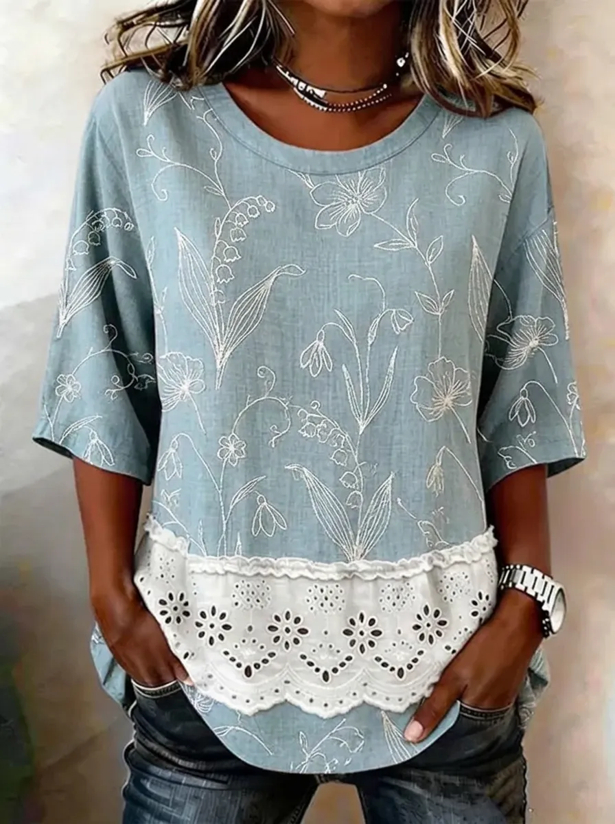 Women's Nashville Floral Botanical Printed Lace Trim Top