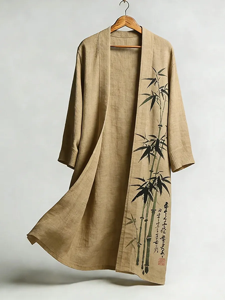 Ink Bamboo Painting Linen Flowing Linen Long Kimono