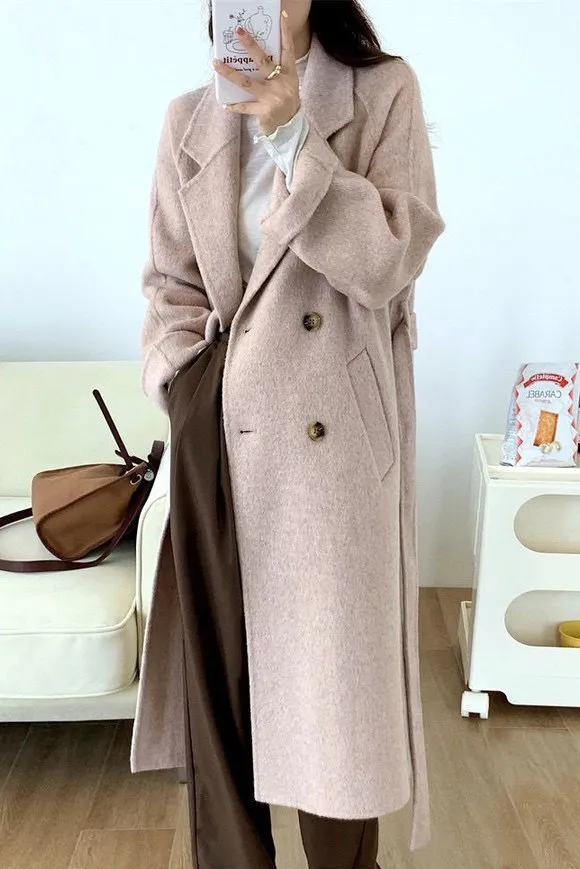 Solid Double Front Tie Breasted Lapel Coat