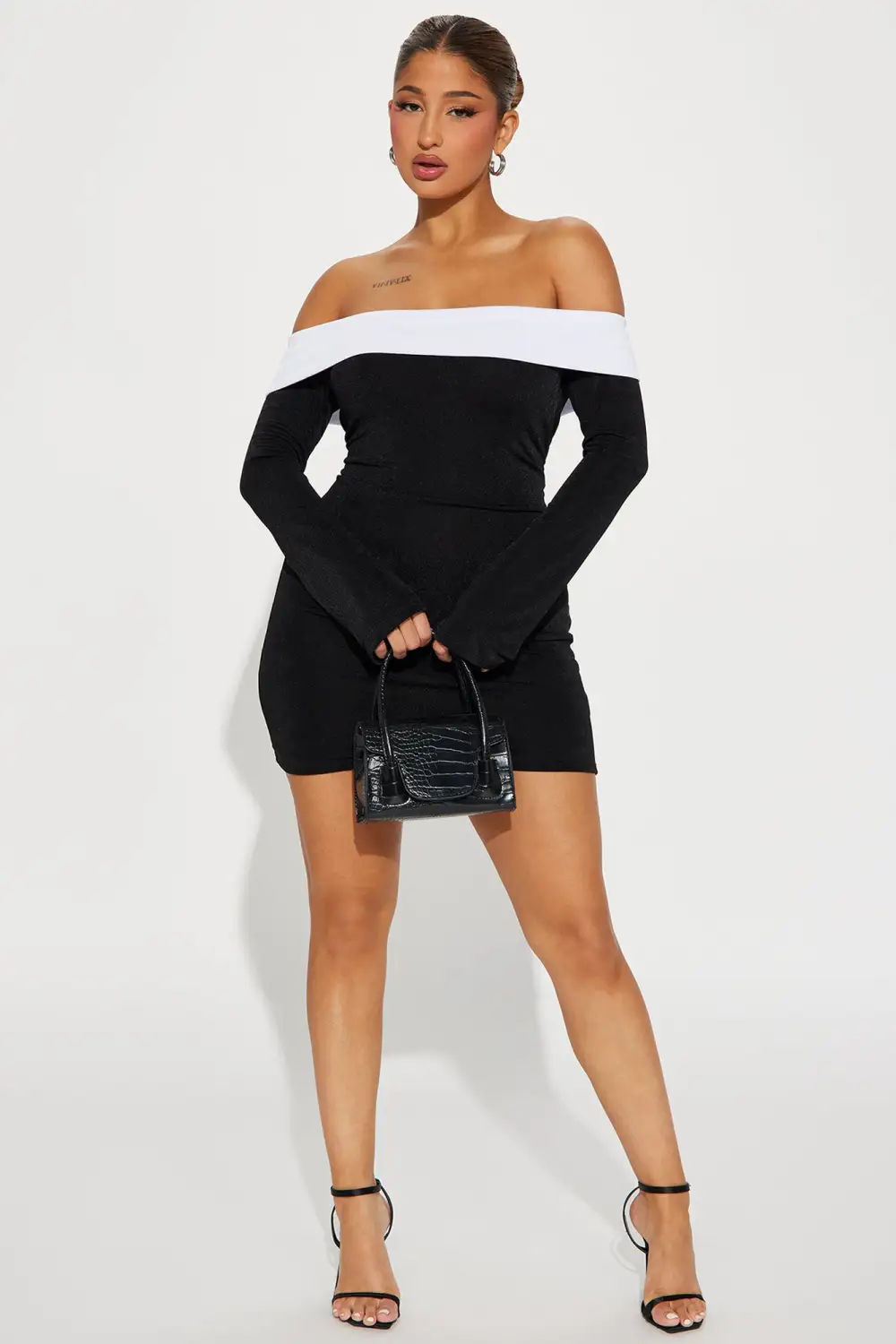 Mia Off Shoulder Mini Dress - Black/White
