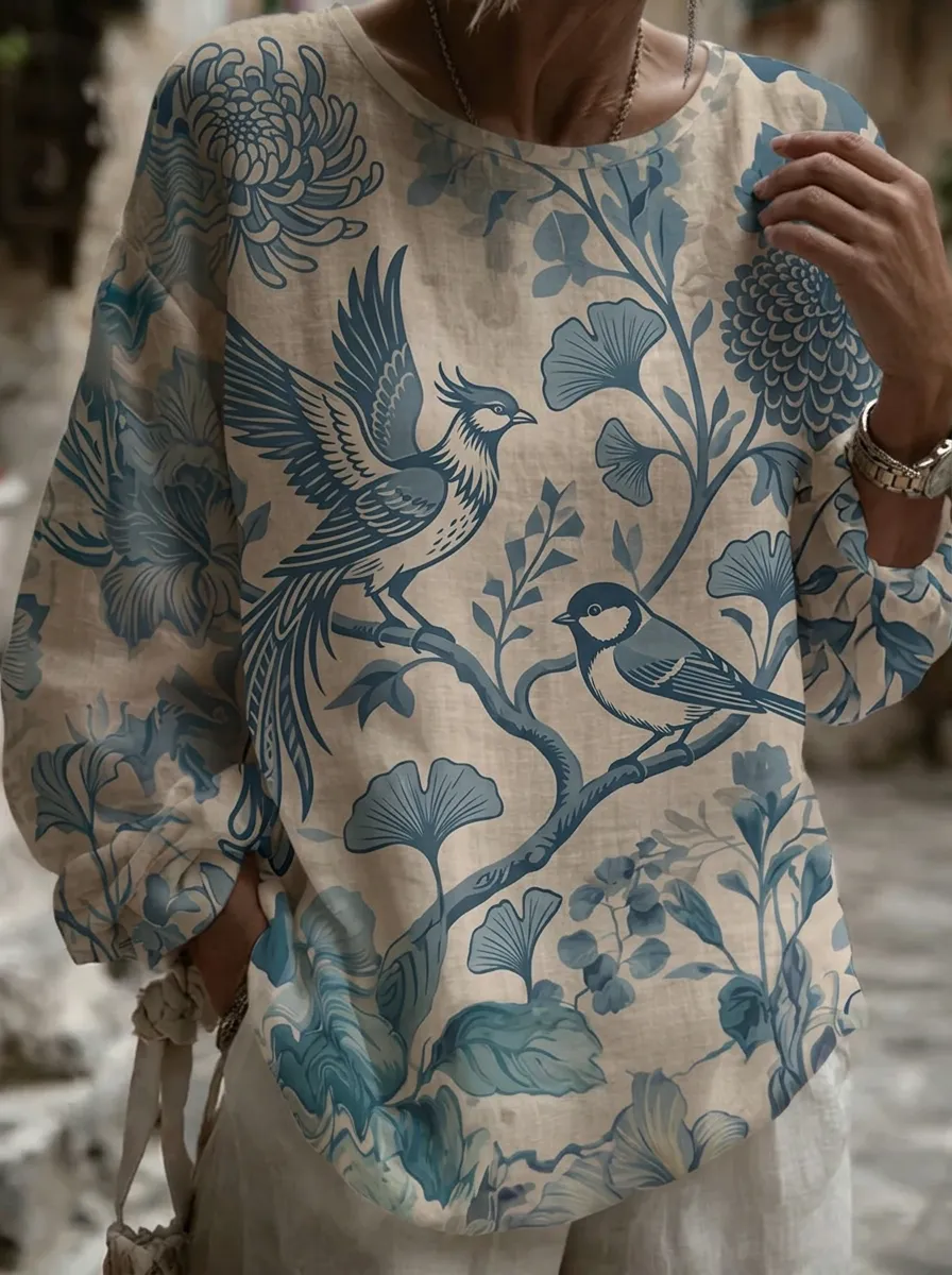 Women's Nashville Nature Lover Bird Floral Printed Long Sleeve Top