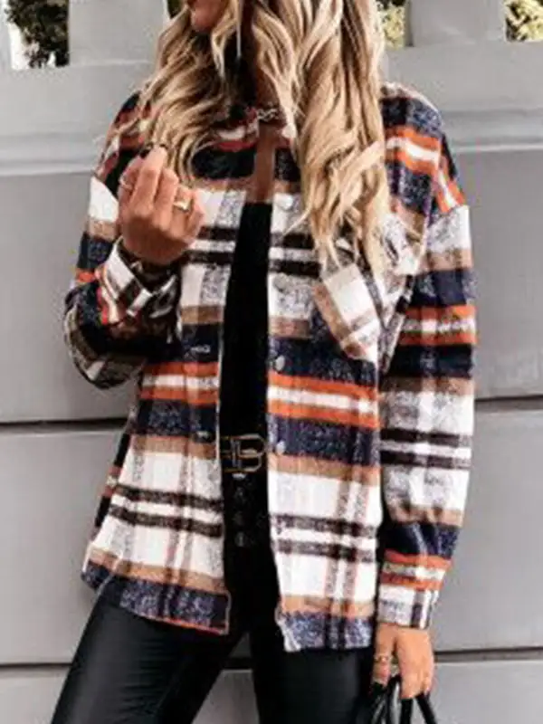 Long Sleeve Plaid Print Casual Jacket