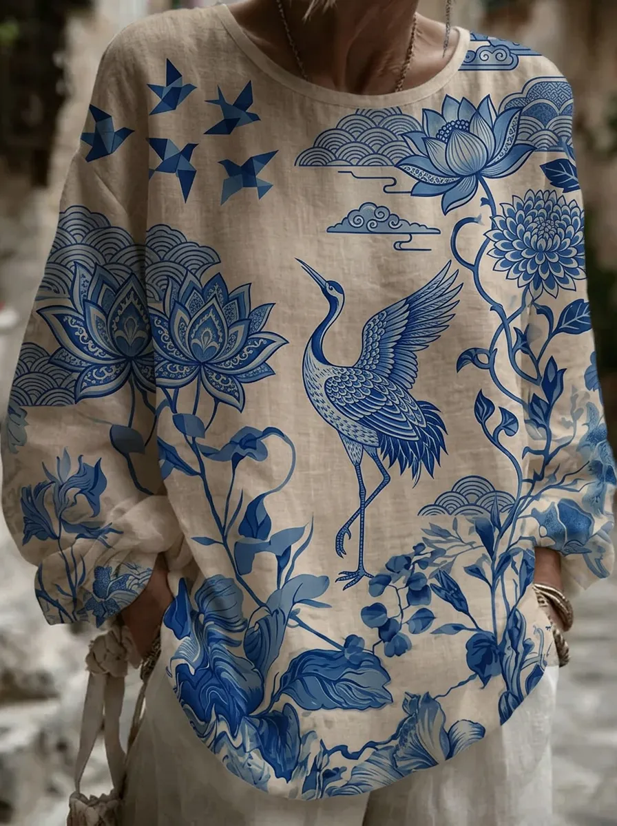 Women's Nashville Crane Lotus Floral Printed Linen Top