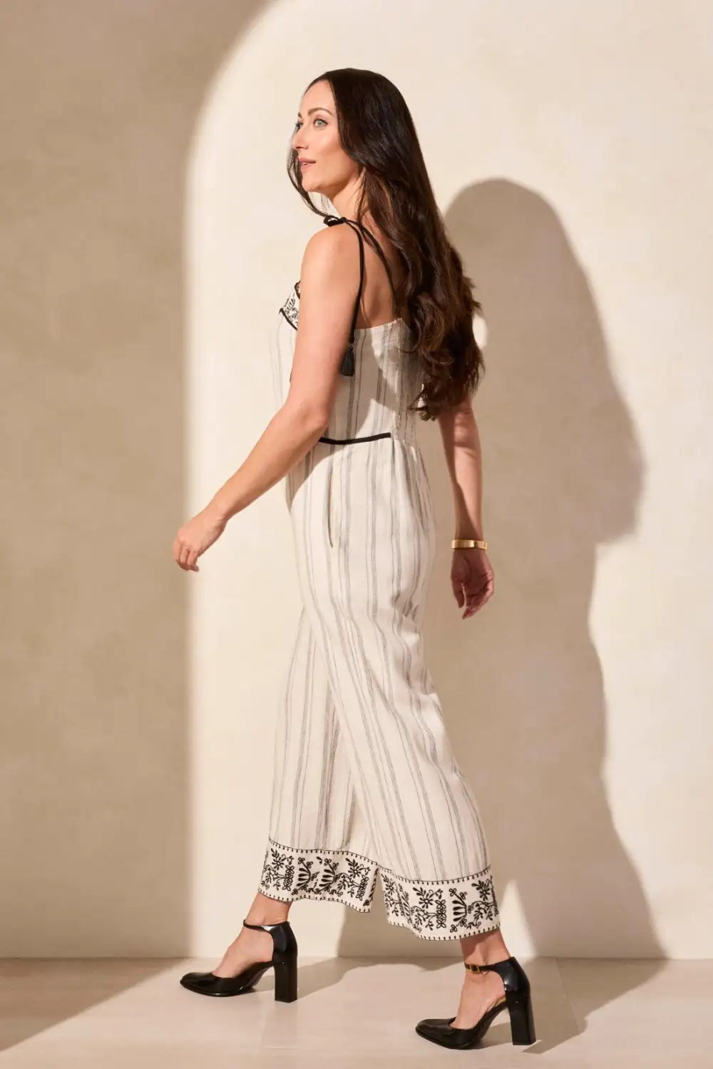 Embroidered Tassel Straps Jumpsuit -Black